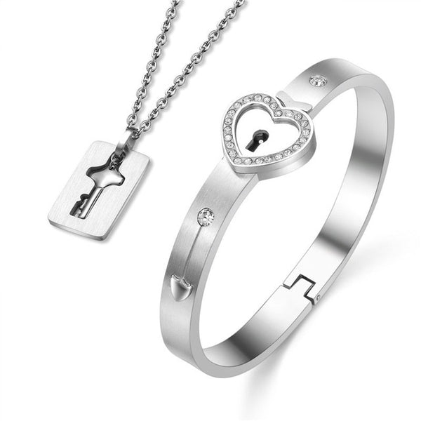A Couple Lovers Jewelry Love Heart Lock Bracelet Stainless Steel Bracelets Bangles Key Pendant Necklace Jewelry Dropshipping