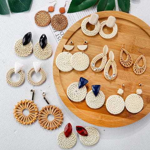 AENSOA Multiple 2019 Korea Handmade Bamboo Braid Pendent Drop Earrings New Fashion Rattan Vine Knit Long Earrings For Women Girl