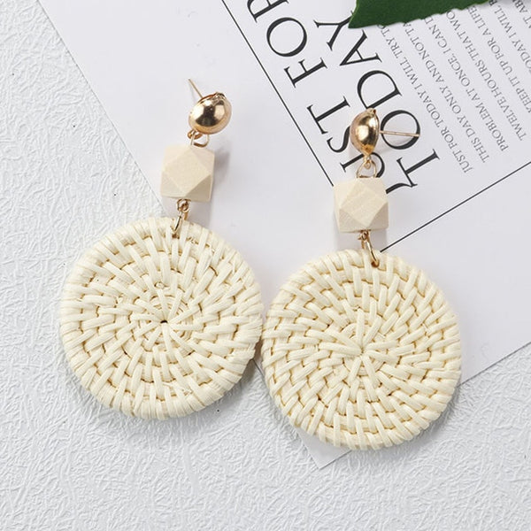 AENSOA Multiple 27 Style Korea Handmade Wooden Straw Weave Rattan Vine Braid Drop Earrings New Fashion Geometric Long Earrings