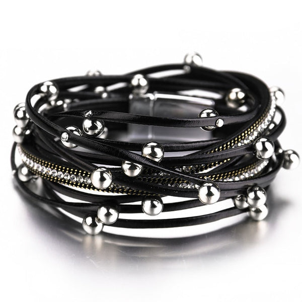 ALLYES Multilayer Leather Bracelets for Women Femme Crystal Metal Beads Charm Bohemian Wrap Bracelet Female Jewelry