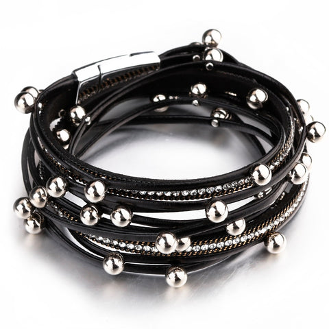 ALLYES Multilayer Leather Bracelets for Women Femme Crystal Metal Beads Charm Bohemian Wrap Bracelet Female Jewelry