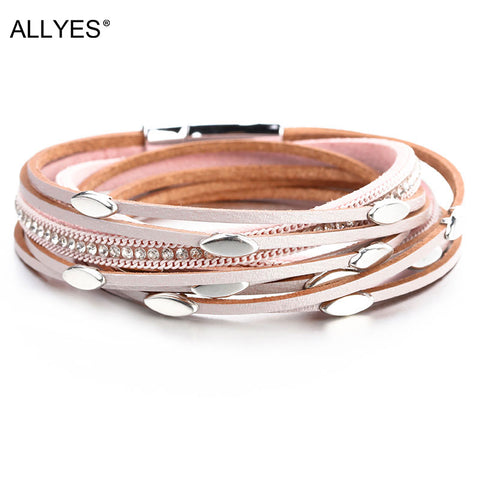 ALLYES Pink Color Leather Bracelets For Women 2019 Fashion Leaf Charm Crystal Boho Multi Layer Wrap Bracelet Femme Jewelry