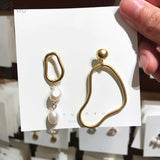 AOMU Korea Design Metal Gold Geometric Irregular Circle Square Natural Freshwater Pearl Stud Earrings for Women Girl Gift