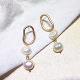 AOMU Korea Design Metal Gold Geometric Irregular Circle Square Natural Freshwater Pearl Stud Earrings for Women Girl Gift