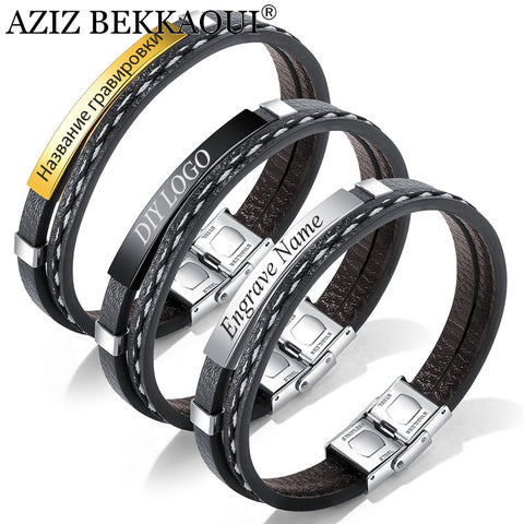 AZIZ BEKKAOUI 3 Colors Punk Engrave Name Leather Bracelet for Men Rope Chain Stainless Steel Bracelets Male Jewelry Dropshipping