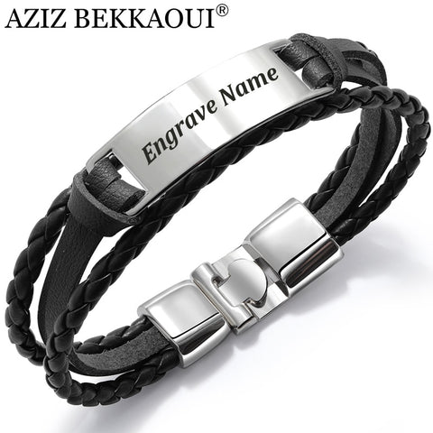 AZIZ BEKKAOUI 4 Color Fashion Multiple Layers Engrave Name Bracelet For Men DIY Vintage Leather Bracelets & Bangle Male Jewelry