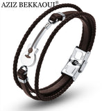 AZIZ BEKKAOUI Brown Stainless Steel Guitar Bracelets Black Customized Logo Leather Bracelet  for Men Rope Bangle Dropshipping