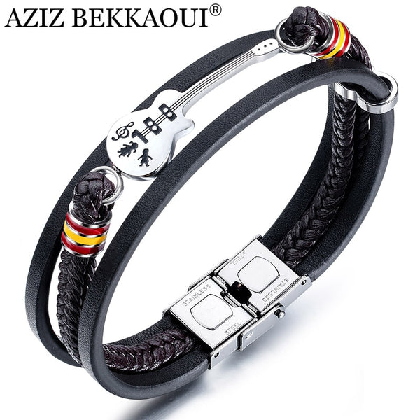 AZIZ BEKKAOUI Dropshipping Stainless Steel Guitar Bracelets Personalized Leather Bracelet  for Men Customized Logo Rope Bangle