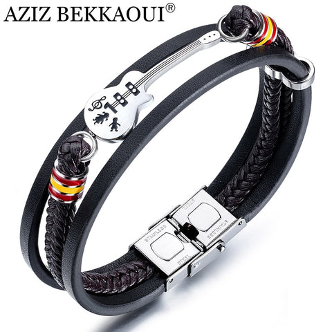 AZIZ BEKKAOUI Dropshipping Stainless Steel Guitar Bracelets Personalized Leather Bracelet  for Men Customized Logo Rope Bangle