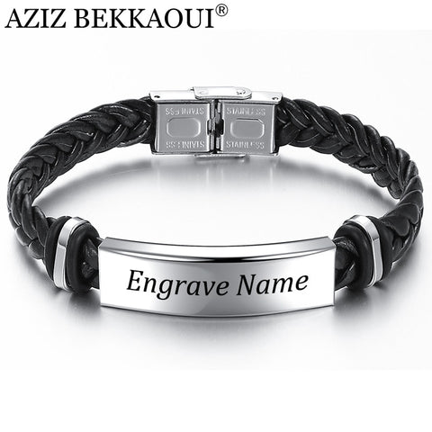 AZIZ BEKKAOUI Engrave Name Black Braid Woven Leather Bracelet Stainless Steel Bracelet Men Bangle Men Jewelry Vintage Gift