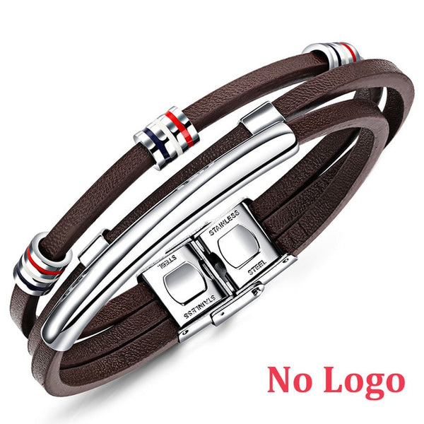 AZIZ BEKKAOUI Engrave Name Brown Leather Bracelet for Men Stainless Steel Bracelets Cowhide Bracelet Vintage Male Accessories