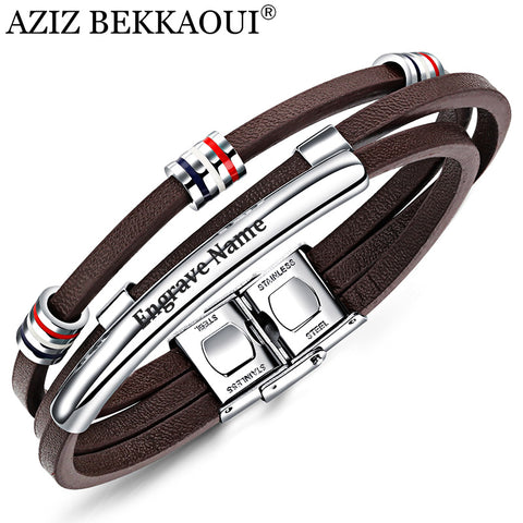 AZIZ BEKKAOUI Engrave Name Brown Leather Bracelet for Men Stainless Steel Bracelets Cowhide Bracelet Vintage Male Accessories