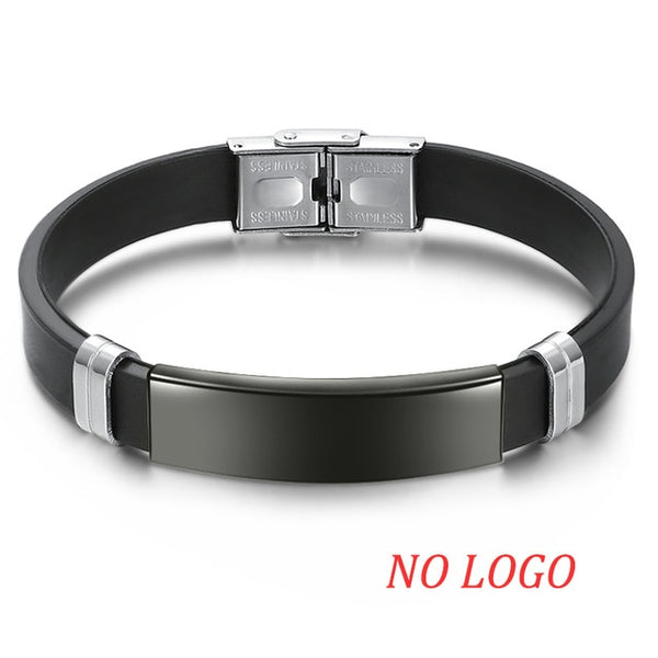 AZIZ BEKKAOUI Silicone Engrave Name Leather Bracelet for Men DIY Black Stainless Steel Bracelets Fashion Jewelry Dropshipping