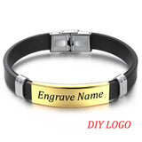 AZIZ BEKKAOUI Silicone Engrave Name Leather Bracelet for Men DIY Black Stainless Steel Bracelets Fashion Jewelry Dropshipping