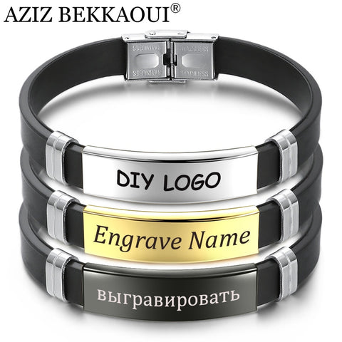 AZIZ BEKKAOUI Silicone Engrave Name Leather Bracelet for Men DIY Black Stainless Steel Bracelets Fashion Jewelry Dropshipping