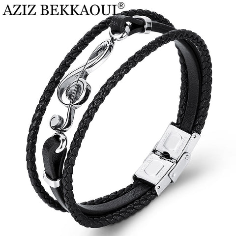 AZIZ BEKKAOUI Unique Punk Stainless Steel Musical Notes Bracelets Male Leather Bracelet for Women Rope Bangle Drop shipping