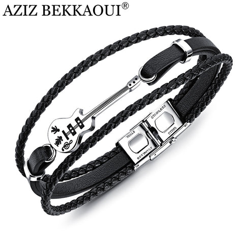 AZIZ BEKKAOUI Unique Stainless Steel Guitar Bracelets Customized Logo Leather Bracelet  for Men Rope Bangle Drop shipping