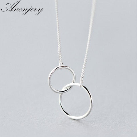 Anenjery Double Circle Interlock Clavicle Short Necklace 925 Sterling Silver Necklace For Women collares erkek kolye S-N191