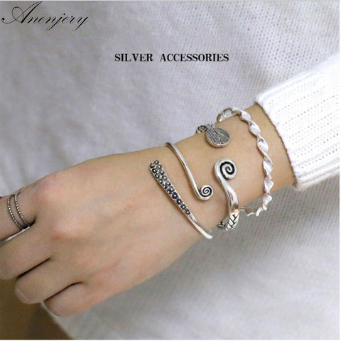 Anenjery Vintage 925 Sterling Silver 3 Models Handmade Caverd Twisted Thai Silver Cuff Bracelets & Bangls Spulseras S-B88