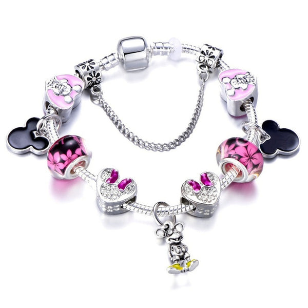 Animal Mickey Charm Bracelets & Bangles Women Jewelry Minnie Pink Bow-Knot Pendant Brand Bracelet DIY Handmade for Girl Gift
