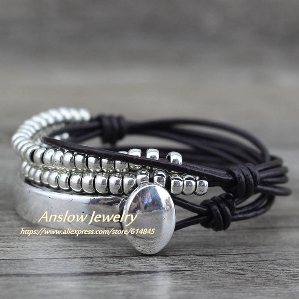 Anslow Brand Bohemian Vintage Handmade Multilayer Wrap Jewelry Women Mother's Day Birthday Leather Bracelet Bangle  LOW0465LB