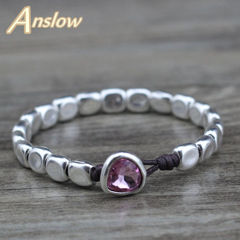 Anslow New Designer Handmade DIY Wrap Rope Silver Beads Pink Blue Crystal Bracelet For Women Girl Femme Jewelry Gift LOW0735LB