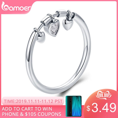 BAMOER 925 Sterling Silver Glittering Heart Clear CZ Anel Female Ring Women Wedding Engagement Jewelry SCR215