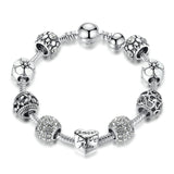 BAMOER Antique Silver Charm Bracelet & Bangle with Love and Flower Beads Women Wedding Jewelry 4 Colors 18CM 20CM 21CM PA1455