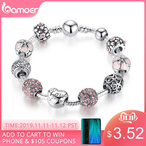 BAMOER Antique Silver Charm Bracelet & Bangle with Love and Flower Beads Women Wedding Jewelry 4 Colors 18CM 20CM 21CM PA1455