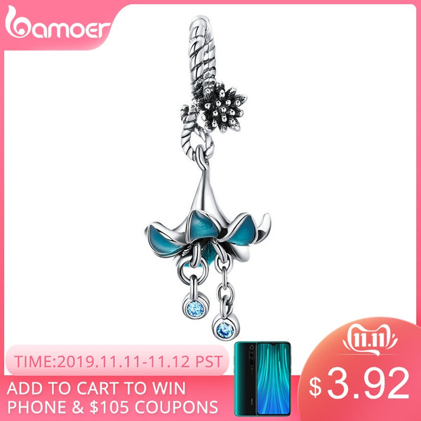 BAMOER Authentic 925 Sterling Silver Blue Enamel Flower Pendant Charms fit Silver Bracelets & Bangles 925 Silver Jewelry BSC034