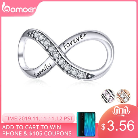 BAMOER Big Charms Real Sterling Silver 925 Infinity Family Forever Clear Crystal Charm for Original 925 Brand Bracelet SCC1146
