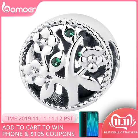 BAMOER Fashion 100% 925 Sterling Silver Tree of Life Bead Charms fit Bracelets Women Beads & Jewelry Making DIY SCC115