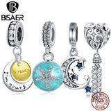 BISAER Starfish Moon Charms 925 Sterling Silver Summer Sea Starfish Moon STARS Pendants Charms Fit Bracelet Beads Jewelry Making