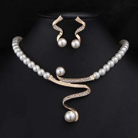 BOUNABAY Vintage Simulated Pearl Jewelry Sets For Women Wedding Bridal Crystal Necklace Earrings Gold Color African Set