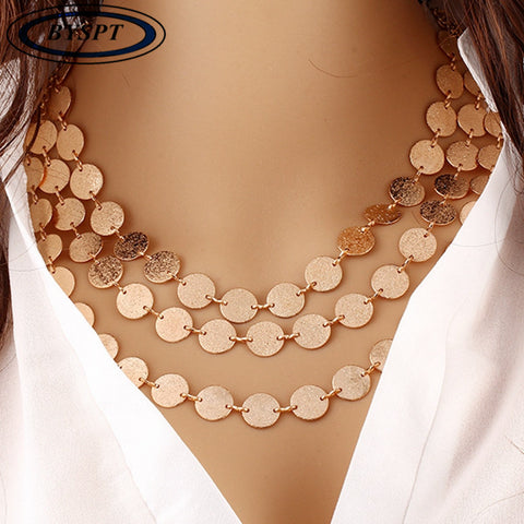 BYSPT Ethnic Coins Necklace Women Leaves Triangle Bar Round Chokers Statement Necklace multilayer Vintage Jewelry