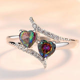 Beiver Double Heart Rainbow CZ Ring in Rhodium Plated Wedding Bands AAA Zircon Jewelry Women Accessories Engagement Ring