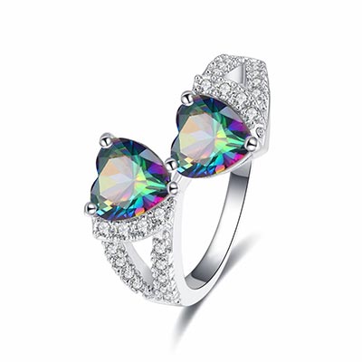 Beiver Double Heart Rainbow CZ Ring in Rhodium Plated Wedding Bands AAA Zircon Jewelry Women Accessories Engagement Ring