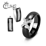 Big Discount Black White Stainless Steel Jewelry Set Ceramic For Women AAA Bling Cubic Zircon Ring And Earring Set Birthday Gift