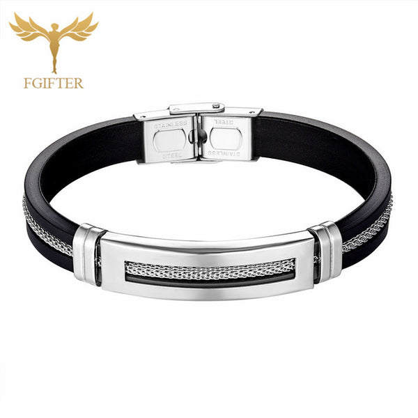 Black Stainless Steel Bracelets Bangles Black Rubber Cuff Bracelet With Chain Men Wristband Bangle Fashion Jewelry
