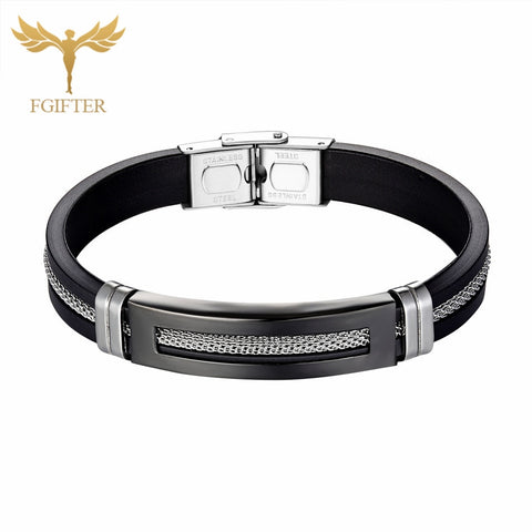 Black Stainless Steel Bracelets Bangles Black Rubber Cuff Bracelet With Chain Men Wristband Bangle Fashion Jewelry