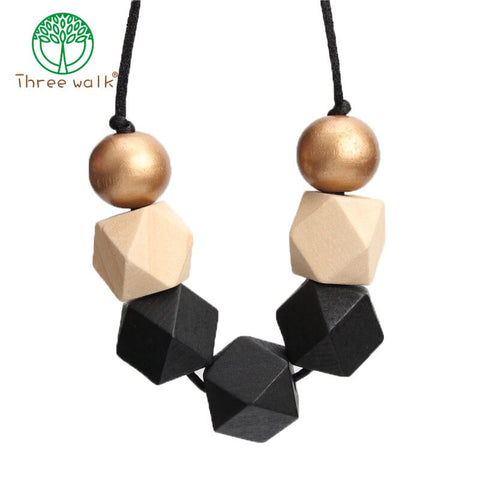 Black Wood Geometric Necklace Painted Chunky Faceted Wooden Beads Ball Chunky Leather Cord Statement