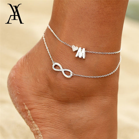 Boho Double Layers DIY Name Initial Letter Anklets For Women Silver Color Heart Infinity Ankle Bracelet Foot Jewelry Accessories