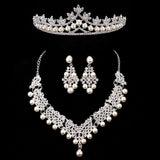 Bride Crystal Pearl Costume jewelery sets New Design Rhinestone Choker Necklace Earrings Tiara Bridal Women Wedding Jewelry Set