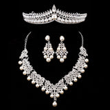 Bride Crystal Pearl Costume jewelery sets New Design Rhinestone Choker Necklace Earrings Tiara Bridal Women Wedding Jewelry Set