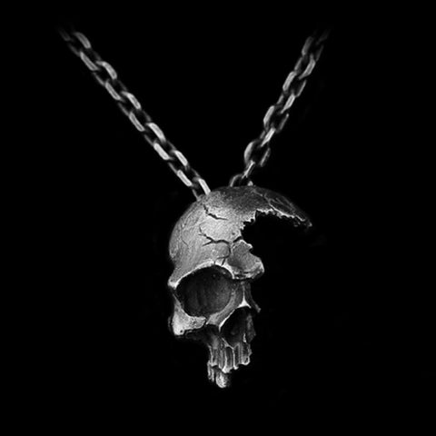 Broken Damaged Half Face Skull Pendant Necklace Men's Fashion Biker Rock Punk Jewelry Antique Silver Color, Chain length 45cm