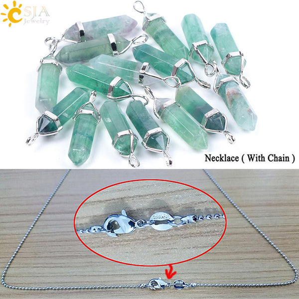 CSJA Fluorite Necklaces Crystal Pendants Natural Gem Stone Quartz Bullet Hexagonal Pendulum Reiki Chakra Suspension Jewelry E546