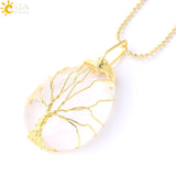 CSJA Gold Color Tree of Life Necklace Pendant Wire Wrap Natural Stone Gem Pink Quartz Tiger Eye Green Aventurine Suspension E585