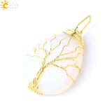 CSJA Gold Color Tree of Life Necklace Pendant Wire Wrap Natural Stone Gem Pink Quartz Tiger Eye Green Aventurine Suspension E585