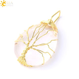 CSJA Gold Color Tree of Life Necklace Pendant Wire Wrap Natural Stone Gem Pink Quartz Tiger Eye Green Aventurine Suspension E585