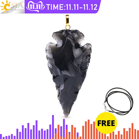 CSJA Men Raw Gems Black Obsidian Charms Pendant for Necklace Arrowhead Rough Healing Point Natural Stone Pendants Many Size F403
